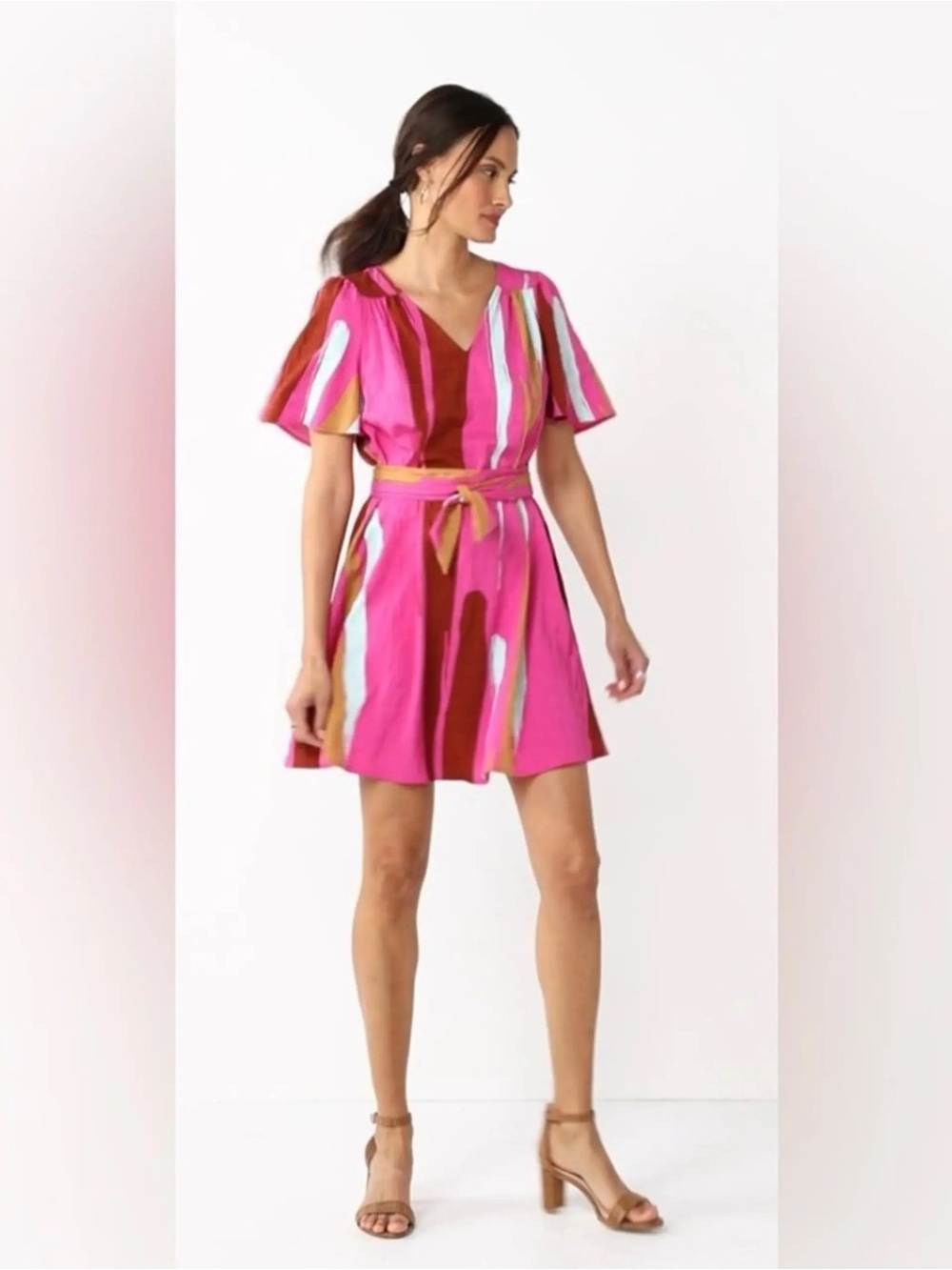Nine West Fuchsia Multicolor V-Neck Short Dress with Tie Waist